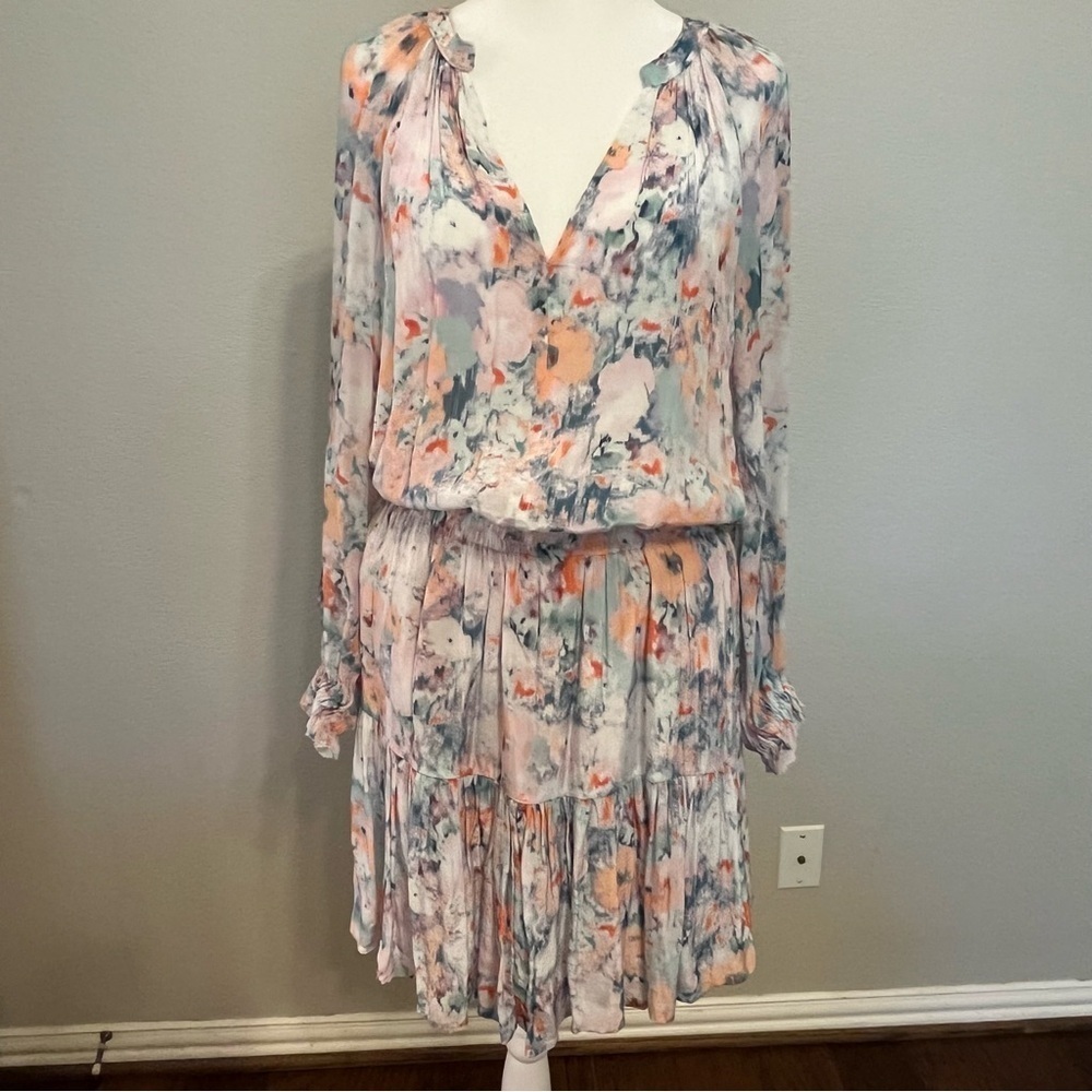 Velvet by Graham & Spencer Watercolor Floral V-neck Mini Long Sleeve Dress Small